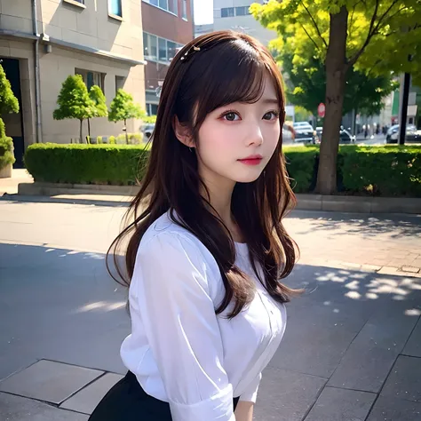 hight resolution,masutepiece,Best Quality,Extremely detailed, hyper realisitic, girl with, long shot, hair wavy, in town, Black lace skirt, white shirt,Avert your eyes, profile, Very beautiful,cute, 8K Wallpaper, Fine detail, Very detailed 8k wallpaper