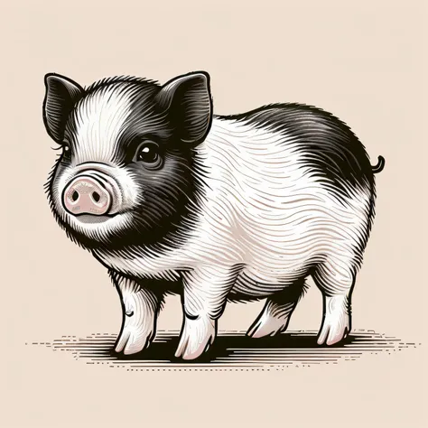 There is a black and white pig standing on a brown surface, Highly detailed illustration.”, miniature pig, A pig, Highly detailed illustration, Pig, highly detailed ink illustration, hd illustration, cute detailed artwork, piglet, illustrations of animals,...