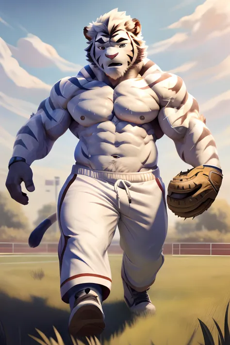 Hominidae, Pose for Camera. 4K, high resolution, Best quality, posted on e621, (Two anthropomorphic white tigers:1.2), Anthropomorphic white tiger, male people, 20yr old, Thick eyebrows, Light blue stripes, Ultra-short hair, shaggy, Strong body, large pecs...