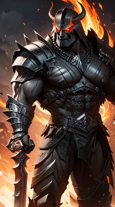 dwayne johnson as shao kahn from mortal kombat, wears imposing battle armor adorned with skulls, spikes, and other intimidating ...