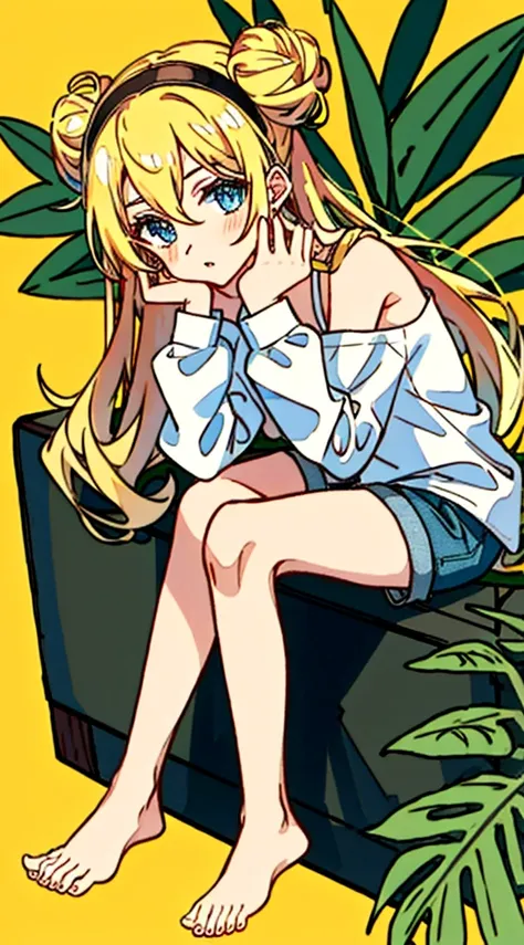 1girl, bare shoulders, barefoot, black hairband, blonde hair, blue eyes, blue shorts, casual, denim, denim shorts, double-parted bangs, double bun, expressionless, eyes visible through hair, feet, fingernails, floral background, foot focus, foreshortening,...