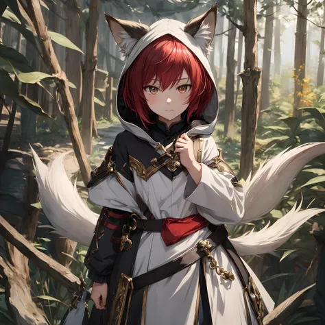 masterpiece, best quality, 1boy, child, male focus, solo, red hair, short hair, looking at viewer, closed mouth, Fantasy aesthetics, Highly detailed, shadowverse style, full body, white attire, fox ear, hooded with animal ear