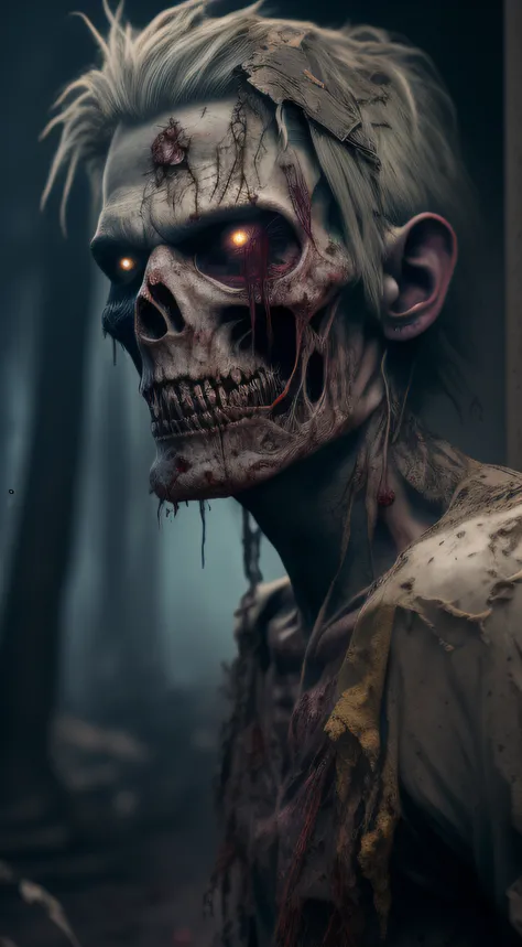 zombie, tattered ruined clothes, dead rotting skin on the face, dirty muddy hair, extremely detailed dried rotting peeling dead skin, malnourished man, blind, wide angle, detailed environment, detailed background, highly detailed, intricate, detailed skin,...