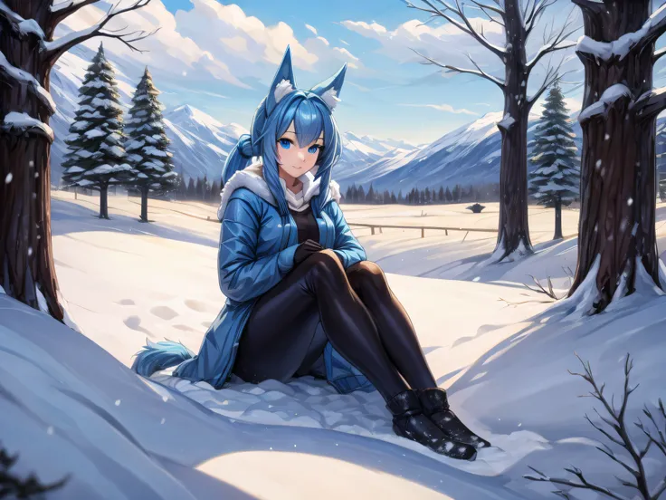 (Masterpiece) (High Detail) (High Res) A short humanoid girl with pale human skin and blue eyes and long blue hair in a ponytail and blue dog ears and a big fluffy dog tail is wearing a thick warm coat and black leggings and is sat alone outside a country ...