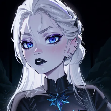 Elsa of arendelle, goth girl, autumn forest background, detailed, detailed, detailed, beautiful, detail, goth girl, masterpiece,  dark night background, gothic, goth, goth, detailed, goth girl, piercings, detailed face, looking viewer, Elsa, Elsa, (Dark ey...