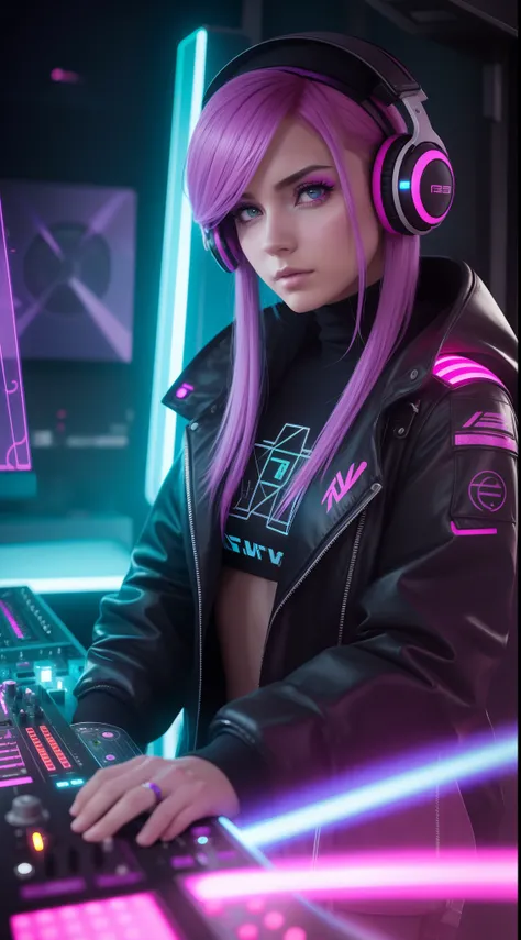 Female DJ Cyberpunk Pink Mechanical,（La parte superior del cuerpo），Fluffy blue-purple hair，ojos hermosos，Mira a la audiencia，Apariencia vibrante,self-assure，(Auriculares DJ) ,( Consola de mezclas) ,Colores cyberpunk audaces，Profundidad de campos，（Estilo de...