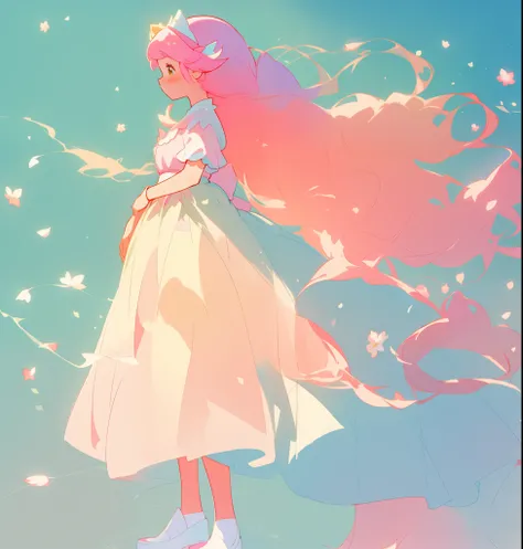 beautiful girl in white puffy tutu dress, long flowing pink peach hair, colorful fantasia background, watercolor illustration, disney art style, beautiful digital illustration, fantasia otherworldly landscape plants flowers, beautiful, masterpiece, best qu...