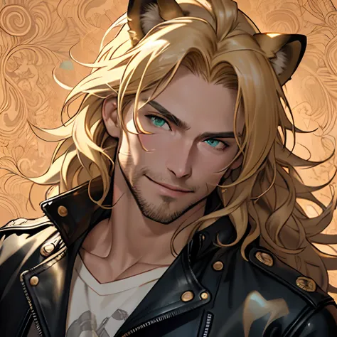 leather jacket, One male, lion ears, long hair, blond, blond hair, green eyes, tall, muscular, white shirt, beautiful face, highest quality, masterpiece, 2d, anime, perfect face, highest detail, feline eyes, stubble, lion tail, wavy hair, cowboy shot, deta...