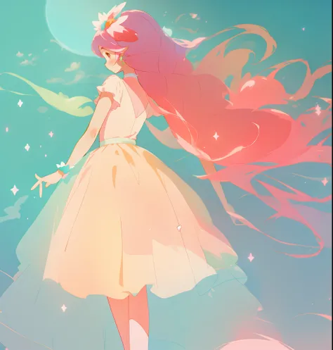 beautiful girl in white puffy tutu dress, long flowing pink peach hair, colorful fantasia background, watercolor illustration, disney art style, beautiful digital illustration, fantasia otherworldly landscape plants flowers, beautiful, masterpiece, best qu...