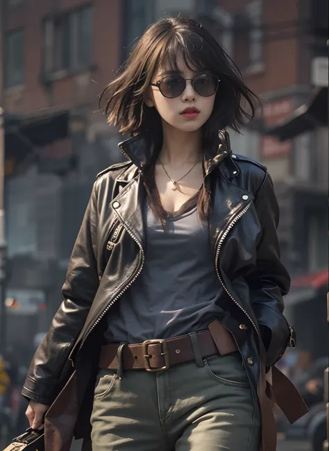 (realphoto、high-definition picture quality、top-quality)PR for Drama, Big City Detective, Medium-breasted women,Sunglasses, Dark grey decitonim, Black belt with holster and magazine,Brown leather jacket, military harness, holster, rivet, explosions, gun fig...