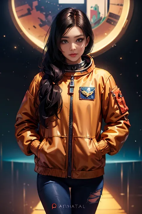 (((Masterpiece))) (((detailed))) Golden and White trim, astronaut::3, Asian, dark hair, brown eyes, round pupils, full body, Highly Detailed, Trending on Artstation, Unreal Engine 4K, Cinematic Wallpaper, fondo de James Jean y Gustav Klimt, luz de Julie Be...