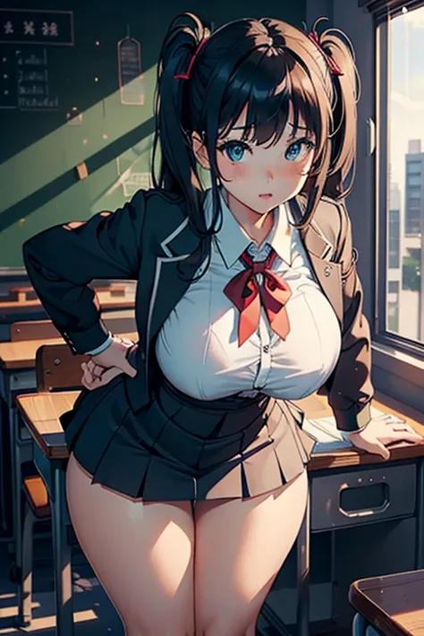 ultra realista 8k CG, master part, 1girl, cute face, big tits, thick thighs,  school girl uniform 、bent over desk