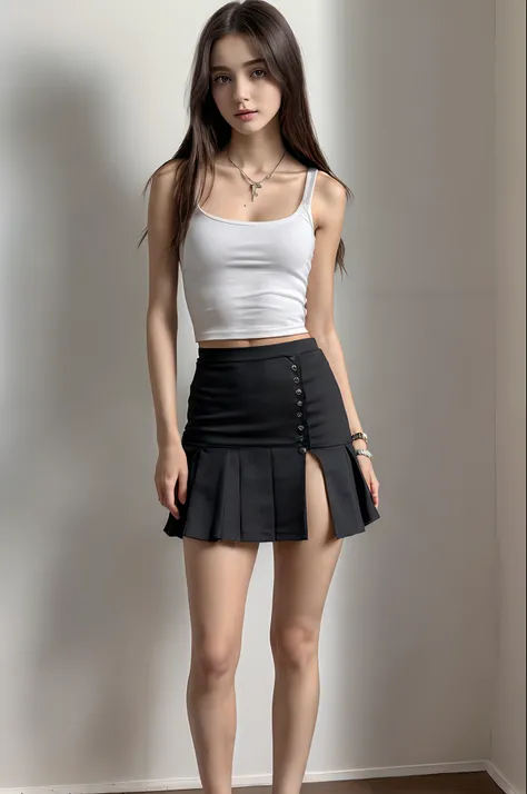 (masterpiece, ultra realistic, scenary, ultra detailed, 8K) (1 solo girl:1.5), dark hair, (full body:1.5),  (standing pose:1.4), (perfect anatomy) (perfect beautiful face:1.3), (ultra tight miniskirt:1.2), (tight mini top tank), mini necklace, (collarbone:...