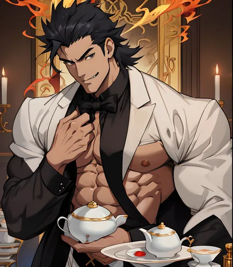 (anime style art,)extremely masculine muscular character,muscular,bodybuilder, huge bulge, sexy, smirk, erotic, 8 pack abs, 1boy,adult,solo, tuxedo, tea service, flame