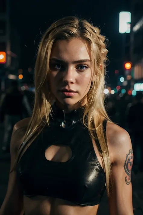 A cyberpunk background, body focus,  slightly masculine, best quality, 1 girl, blonde hair, looking at viewer, upper body, outdoors, night