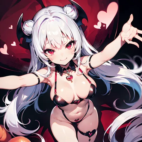 Succubus　Seduction poses　Erotic body　　kawaii faces　Enchanting face　Pose with open arms　heart mark　A slight smil　Peachy Hair　Eyes are hearts　4-arm　Charm magic　Angle from above