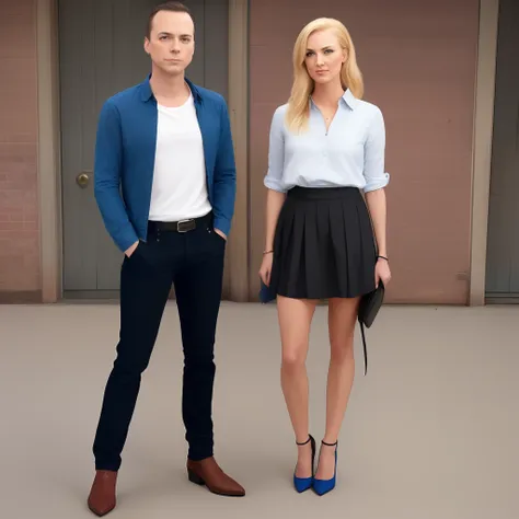 Sheldon cooper and his best friend and crush Claire woods. She is 58  and blonde hair blue eyes Skirts and cute tops Heels. Different poses of them