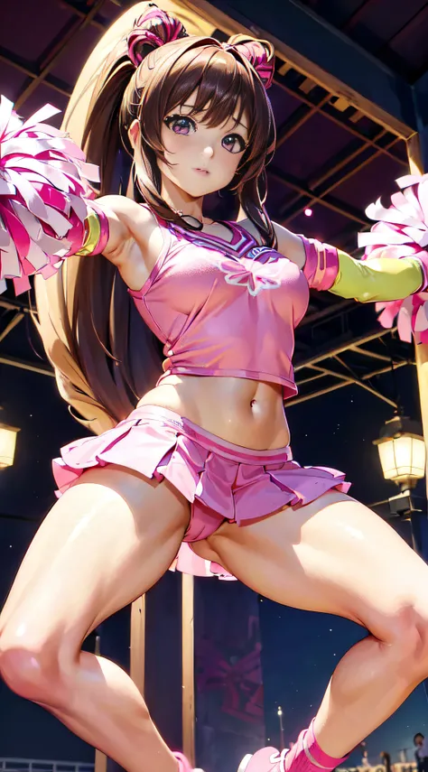 (((Anime girl in pink 30% cheerleader costume posing))), brown hair,  Anime CG soft art, Highly detailed Artgerm, Best 4K anime, Detailed digital anime art, Trending on ArtStation Pixiv, Anime Moe art style, Digital anime art, ArtStation Pixiv, (((intricat...