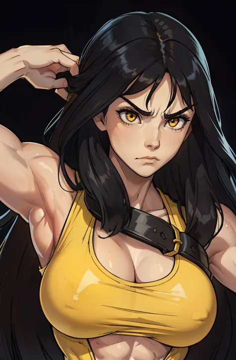 ((1 girl)), extremely long hair, solo, ((muscular)), veins, black hair, yellow eyes, pale skin, strong, veins, abs, (huge breasts), frowning, close up