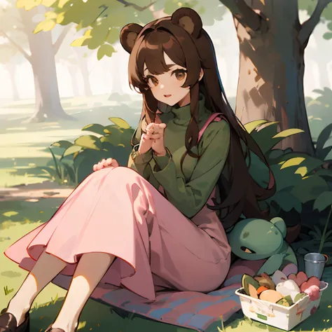 anime style, long brown haired,  23 year old girl with bear ears, round brown eyes, in a green turtleneck dress, and puffy brown paws, sitting on a pink picnic blanket.