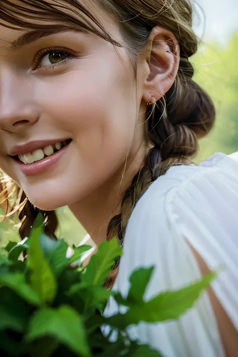 gros-plan, Beautiful woman in thumb art style, In the park of blue and green leaves , By Jeremy Mann, By Sandra Chevrier, Dave McKean、by Richard Avedon、by maciej kuciara, White tank top and jeans, detaileds, 8K、With smiling eyes、Curly hair in braids、((Clos...