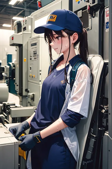 Looking away, high-detail、inside factory、Female worker、Working in front of the machine、Half of the screen with a womans body、(Udder is small)、great laughter、Work jacket and trousers of any color、He is wearing a navy blue sports cap、gloves、Protective Goggle...