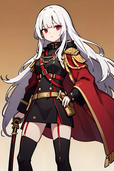 tall girl, with white long hair, red-eyes, hair covers the right eye, red officer's cloak, tight red uniform, gold shoulder stra...