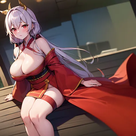 ((Masterpiece)), best quality, 8k, perfect face, red eye, white hair, twin tail, big breast, big ass, red and gold kimono, blush, sitting on bench