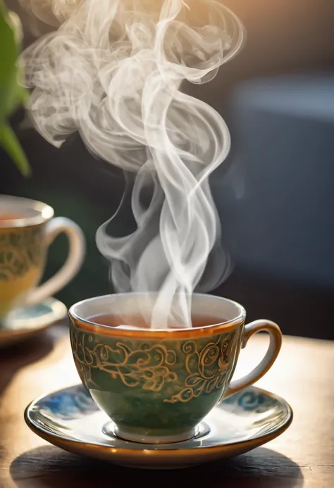 a cup of hot tea,steam rising,tea leaves floating,gentle steam,beautiful ceramic cup,detailed teacup,light reflecting off the cup,delicate patterns on the cup,subtle swirls of steam,aromatic fragrance,steaming beverage,comforting warmth,vibrant colors,soft...