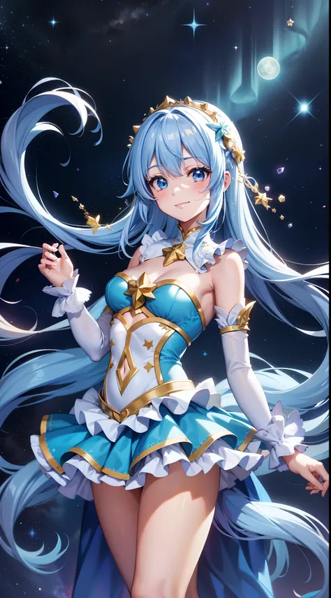 Super Idol　a beauty girl　A charming smile　sky blue hair　length hair　Twin-tailed　Glittery bright white and yellow ruffled leotard　7 color ruffles　facing front　Mystical　Fantasia　constellation　a moon　Crystal Brilliance　Aurora Borealis in the Night Sky