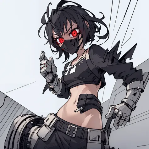 A girl frontal,((full bodyesbian,whaite hair,short detailed hair,messy  hair，Combat suit crop top，White-skinned demons)),Tall figure, grim eyes，black masked，with a pure white background，Four Red Devil Corners，minimalistic background，Solo，Half-body diagram