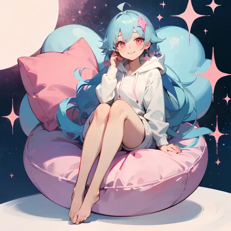 anime style, long light blue haired,  23 year old girl with narrow bright pink eyes and a bright smile, in a white hoodie, sitting on a pink cushion with sparkles decorating her.