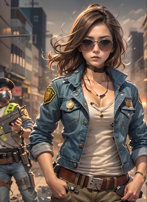 PR for Drama, Big City Detective, Medium-breasted women,Sunglasses, Blue denim trousers, Holster and magazine on belt, Brown leather jacket, rivet, Police officer badge on chest、tshirts, rivet, explosions, gun fight , Just one body, Risking your life、Secre...