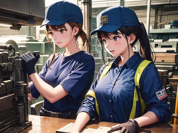 Looking away, high-detail、inside factory、Half of the screen with a womans body、Small breasts、Female worker、great laughter、Work jacket、Work pants、Wearing a navy blue cap、gloves、Hanging protective goggles、Sweat all over the body、You can open the chest part o...