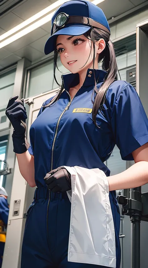 Looking away, high-detail、inside factory、70 of the female body screens％extent、Small breasts、Female worker、great laughter、Work jacket、Work pants、He is wearing a navy blue cap、gloves、protective goggles、Sweat all over the body、You can open the chest part of t...