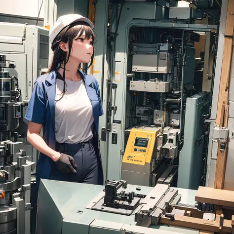 Looking away, high-detail、inside factory、A womans body is a third of the screen、Small breasts、Female worker、Workwear、Work pants、Hats、gloves、Safety Protective Glasses、Sweat all over the body、You can open the chest part of the jacket to see the T-shirt、