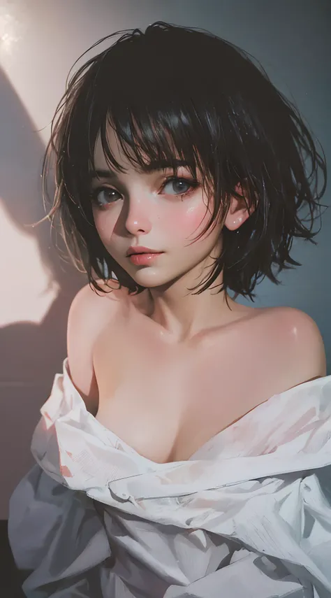 Best quality, masterpiece, ultra high res, (photorealistic:1.5), raw photo, 1girl, offshoulder, in the dark, deep shadow, low key, cold light, sexy look, short hair