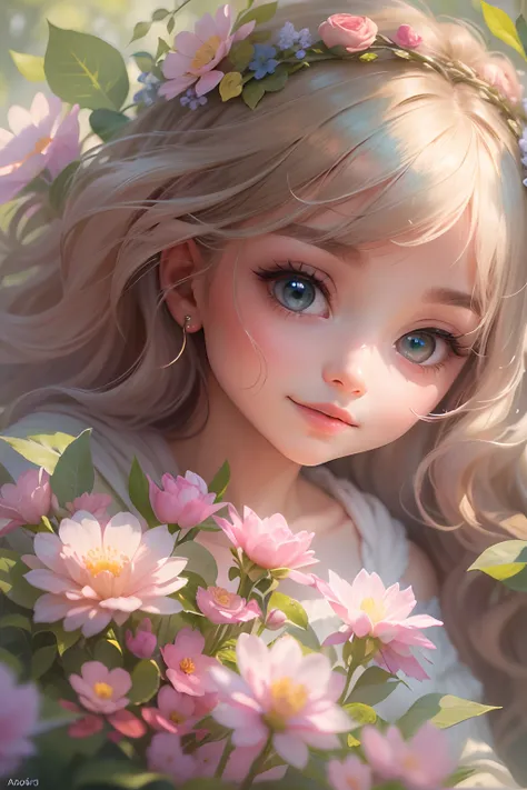 Happy little girl，eyes with brightness，Lush green garden:1.1,Beautiful flowers in bloom,peaceful scenery,Soft sunlight,tranquil ambiance,Fantastical Atmosphere,The essence of pleasure,cute cute(adolable) vision,Fantastic character,ethereal glowing:1.2,Deta...