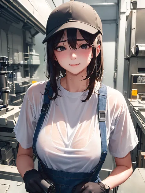 (longshot、Looking away, high-detail、Composition that enters the whole body、inside factory、The T-shirt was very wet and stuck to my chest.、Bra shows through）、Female worker looking at shirt with concern、wearing hat、gloves、Shy laughter、Protective goggles