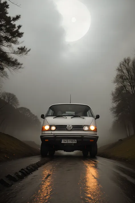 1993 volkswagen transporter, t4, eurovan, white van rocky road at night, raining, best quality, 4k, highres, ultra-detailed, rea...