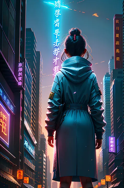 Movie poster,top-quality、​masterpiece、A ray of hope in a dystopia、A young girl wanders into a dark Chinese skyscraper、One little girls back in the back center of the screen、Very complex cityscape、A devastated world、Pulling composition、industrial、High-defin...