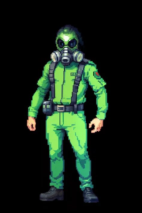 ((In the style of pixel art)), pixel, 4-bit pixel art, A man in a dark green uniform wearing a gas mask, black backdrop, Ultra-detailed pixel art