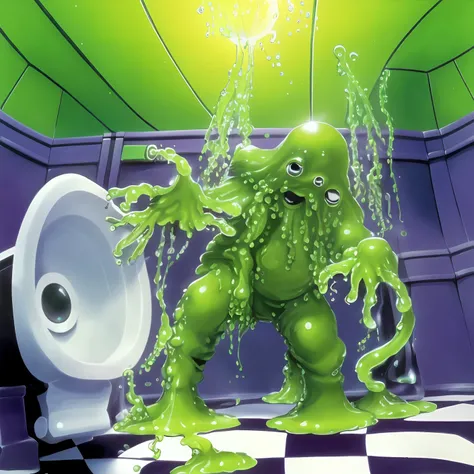 green slime alien blob with tentacles,invasion of green slime alien blobs popping out of the toilet,background:small school, checkerboard floor,mess,newspapers,(green slime blasts),(slimey hand reaching out for you),(((goosebumps art by tim jacobus)))