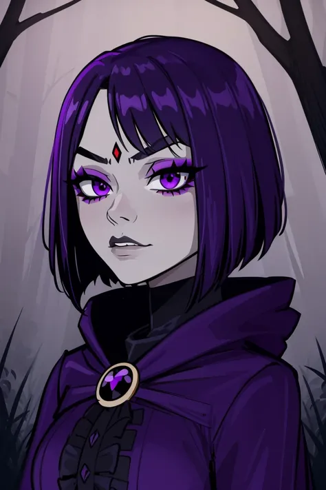 Raven, teen titans, hooded, goth girl, autumn forest background, detailed, detailed, detailed, beautiful, detail, goth girl, masterpiece, purple clothes, red jewel centre head, dark night background, gothic, goth, goth, detailed, goth girl, piercings, deta...