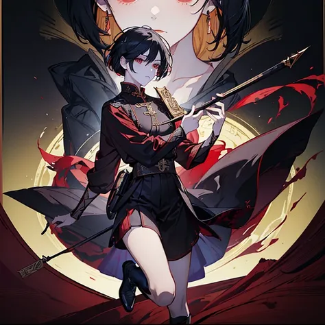 1 boy, 独奏, black hair, square, bob hairstyle, bean, shoulder-length hair, red eyes, shirt, high boots, light clothing, medieval ...