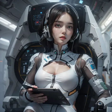 She is sitting in a futuristic armchair reading a tablet、She is pensive((Very cute woman gets sexy futuristic white thin spacesuit))。Wearing headphones、black very curly spiral short black hair,、40k、a picture、​masterpiece、top-quality、fundo cinza escuro、(Gir...