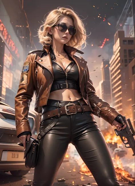 PR for Drama, Big City Detective, Medium-breasted women,Sunglasses, Black leather pants, Bag and magazine on the belt, Brown leather jacket, rivet, holster, rivet, explosions, gun fight , Just one body, Risking your life