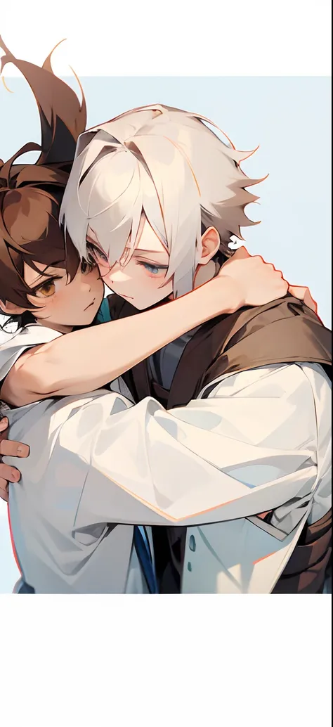 Anime boy with brown hair holding onto other anime boy with white hair with black roots.