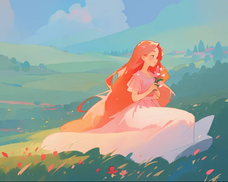 beautiful girl in white flowing dress, long flowing red pink gold hair, wide open field meadow background, watercolor illustration, disney art style, beautiful digital illustration, fantasia otherworldly landscape plants flowers, beautiful, masterpiece, be...