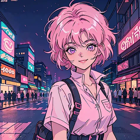 Short-haired girl, short pink hair, Cyberpunk cityscape , Night city, coloring, 90s Anime, 90s, lofi, neons, Retro, Many shops, smiling, Face Me , short-haired, A pink-haired, Full Street